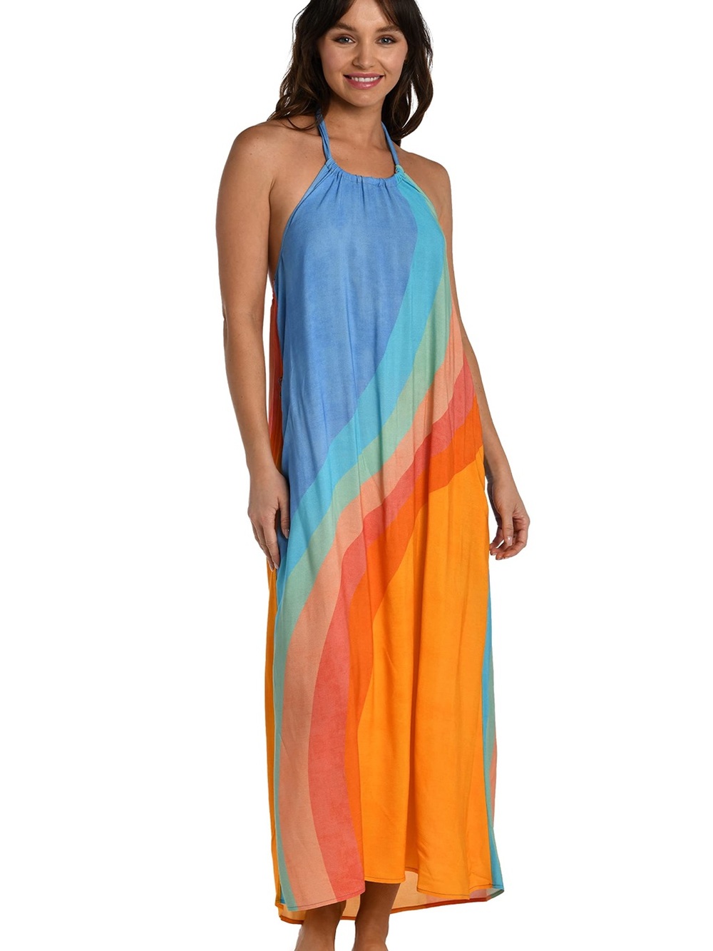 Halter Rainbow Stripe Maxi Dress in Blue and Orange